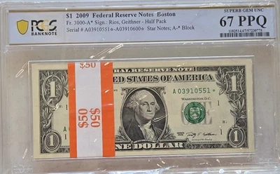 2009 Half Strap of 50 $1 Star Notes Sequential Boston 67 PPQ Superb Gem UNC - Image 1 of 2