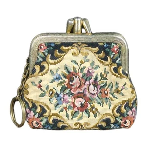 Vintage Tapestry Change Coin Purse Floral Needlepoint Gold Tone Key Chain - Picture 1 of 12