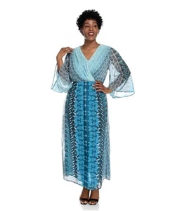 Jorge Pérez Size XL (US 12/14) Turquoise Printed Chiffon Surplice MIDI Dress NWT - Picture 1 of 12