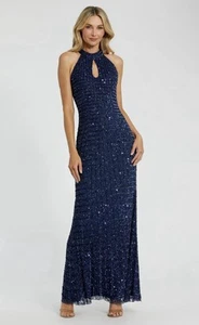 Abito lungo Mac Duggal 23018 taglia 8 blu notte supporto perline buco della serratura $598 - Foto 1 di 5