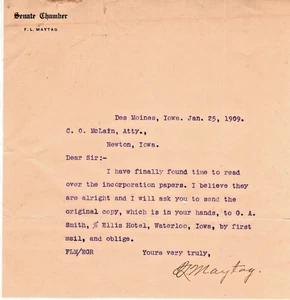 1909 F L Maytag handsigniert Iowa Senat Kammer Briefkopf Inc. von Maytag Corp. - Bild 1 von 1