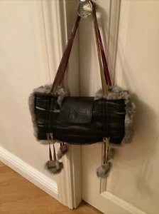 Echtes Kaninchenfell, schwarzer Mush Stoff Wende Tasche Schnalle Straußenleder Italien - Bild 1 von 12
