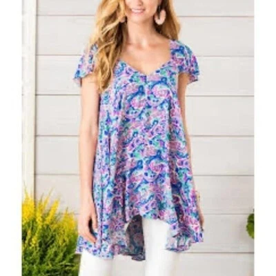 Matilda Jane Trapeze Tunic Top Small Flowy V Neck Front & Back Cap Sleeve Floral - Image 1 of 4
