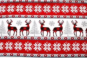 REMNANT*HOLIDAY MASKS CHECKED DEER/GRAY SNOWFLAKES/TREES COTTON FLANNEL 42X16" - Picture 1 of 2
