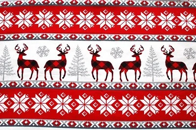 REMNANT*HOLIDAY MASKS CHECKED DEER/GRAY SNOWFLAKES/TREES COTTON FLANNEL 42X16" - Image 1 of 2