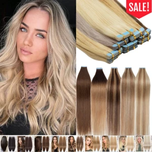 Tape In 100% Russian Remy Human Hair Extentions Full Head Thick Weft 60PCS=150G - Picture 1 of 43