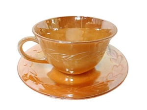 VTG Anchor Hocking Fire King Peach Laurel Leaves Lusterware Cup Saucer USA - Picture 1 of 7