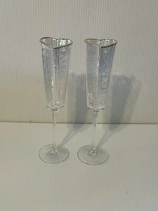 2 Heart Shape Gold Rimmed iridescent Champagne Flute Glasses Wedding Valentines! - Picture 1 of 2