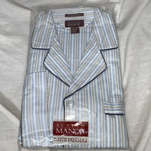 NIB AUSTIN MANOR Mens Blue/brown Striped Cotton Pajamas Long Sleeve & Leg Mens M - Picture 1 of 7
