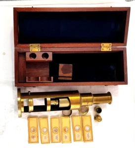 Old Microscope Brass Barrel with 6 Slides( 4 having specimen ) and 3 Lenses - Picture 1 of 19