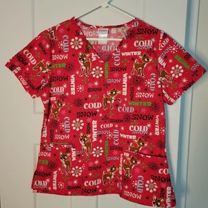 Rudolph The Red Nosed Reindeer Red 100% Cotton Holiday Scrub Top Size S VGC - Picture 1 of 6