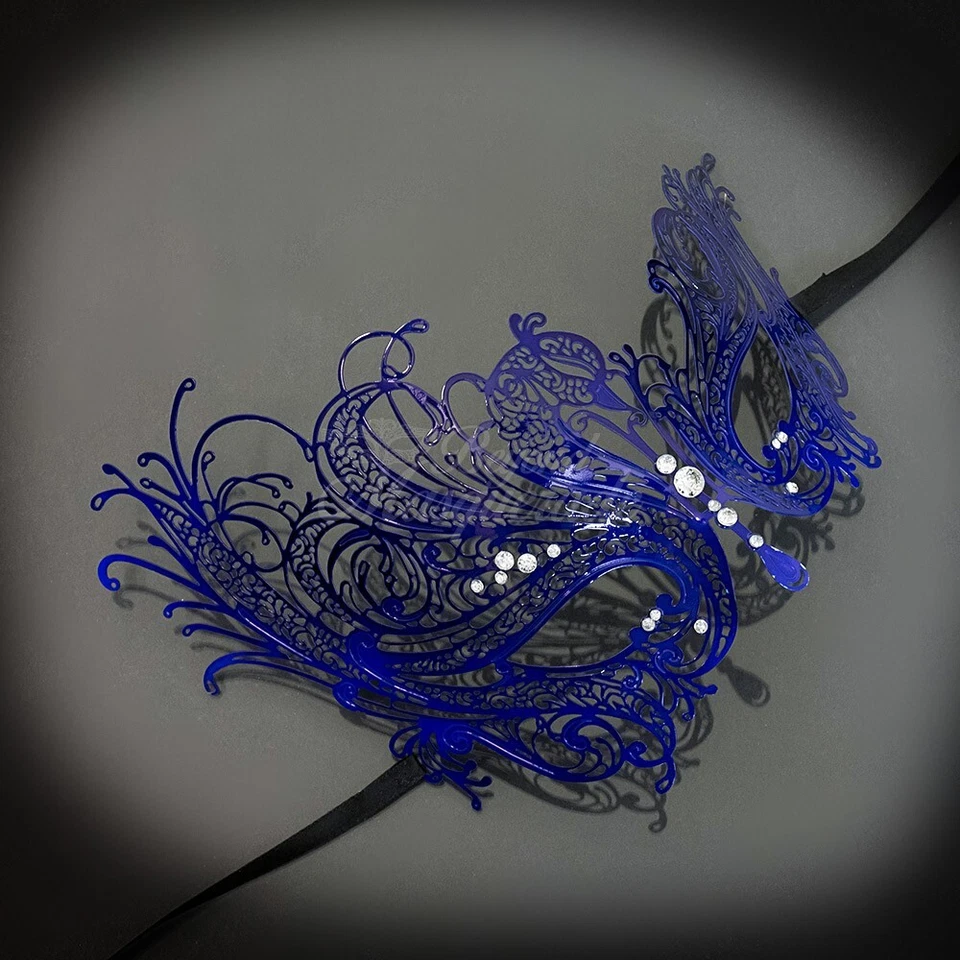 Womens Beautiful Swan Filigree Laser-Cut Light Metal Masquerade Prom Mask [Blue] - Image 1 of 4