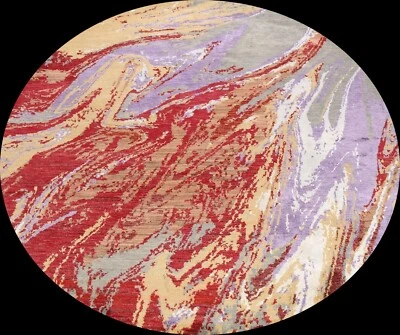 Modern Artistic Abstract Oriental Wool/ Silk Area Rug Hand-knotted 6'x6' Round - Image 1 of 4