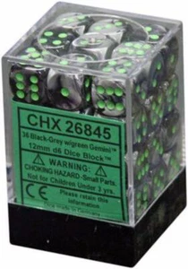 Chessex Würfel d6 Sets Zwillinge schwarz & grau grau mit grün 12 mm sechsseitig CHX 26845 - Bild 1 von 1