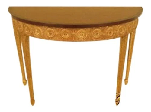 28431EC: Mesa consola Adam Gold con incrustaciones de madera satinada dorada Demilune Foto 1 de 4