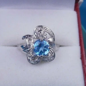 1.25 CT Genuine Blue Topaz & Diamond Accent Ring – 14 KT White Gold - Picture 1 of 8