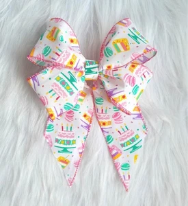 Happy Birthday Fabric Ribbon Bow - Gift Bow - Handmade Bow - Birthday Bow - Picture 1 of 4