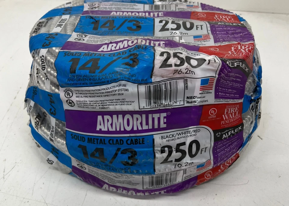 Southwire 14/3 x 250 ft. Solid CU MC (Metal Clad) Armorlite Cable - Image 1 of 1
