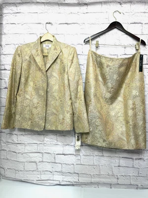 全新带标签 Y2K Le Suit 尺寸 12 Peach Multi Metallic Brocade 裙套装 2 件套西装外套 — 第 1/4 张图片