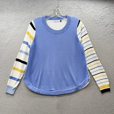 Zaket & Plover Linen Blend Sweater Pullover Blue Yellow Stripe Sleeve Colorblock - Image 1 of 4