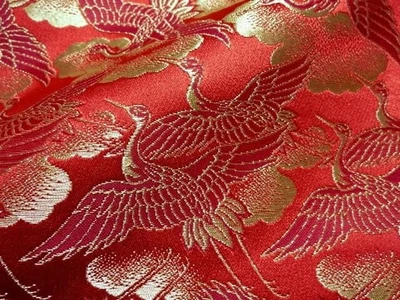 Kyoto Nishijin Gold Brocade Kimono Fabric 28x20in Crane Red - Image 1 of 3