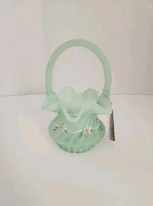 Vintage FENTON Willow Green Dotted Swiss Swirl Satin Optic Hand Painted Signed  - Picture 1 of 13