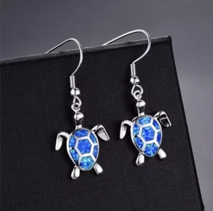 925 SP Beach Turtle Blue Opal Dangle Earrings W/gift Box 🎁 FREE SHIPPING! - Picture 1 of 3