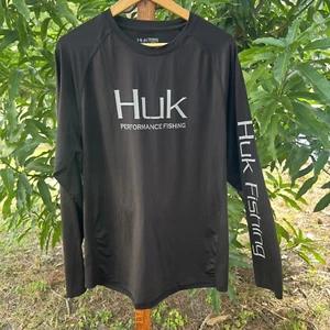 HUK Fishing Shirt Mens Large Black Long Sleeve Stretch Performance Lightweight - Picture 1 of 7