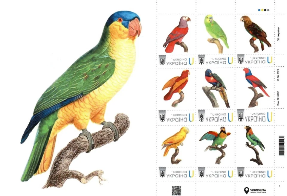 Ucrania 2022, Fauna, Aves, Loros, Hoja 9v Foto 1 de 1