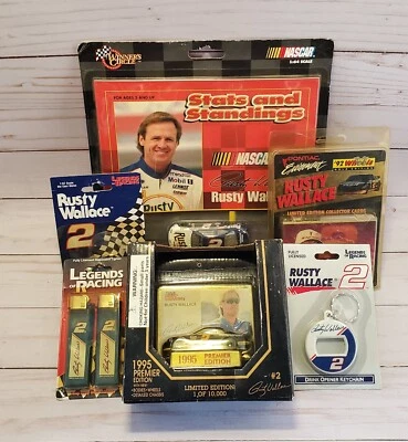 LOT NASCAR Rusty Wallace Cards Key Chain Bottle Opener Diecast Stat Book NIP - Image 1 of 4
