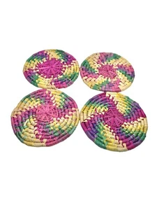 4 Pcs Boho Woven Mat Tray Round Grass Multicolored Pink Yellow Green 7” - Picture 1 of 3