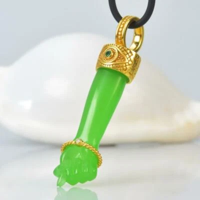 Gold Vermeil Sterling Mano Fico Figa Anhänger Chalzedon Smaragd Diamant 10.74 G - Bild 1 von 4