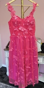 Women's Dress 16 Pink Butterfly Applique Lace Tea Length Prom Formal Fairytale - Picture 1 of 5