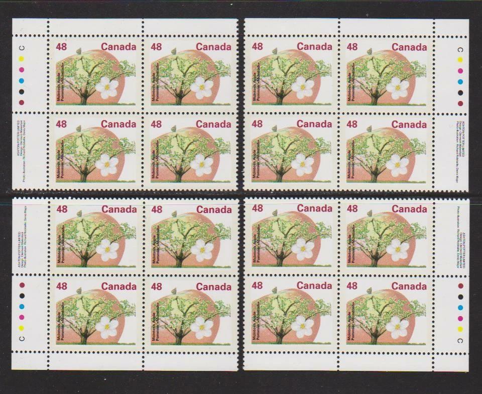 1991 Canada SC# 1363 - Fruit Tree - Set of 4 Plate Blocks M-NH Lot # 3321 - Image 1 of 1