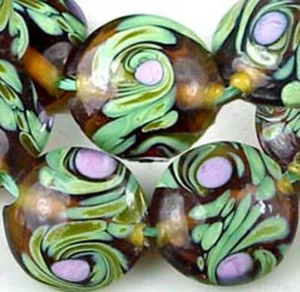 8 LAMPWORK Handmade Glass green purple Moonlight series Lentil - Amber 14mm - Picture 1 of 2