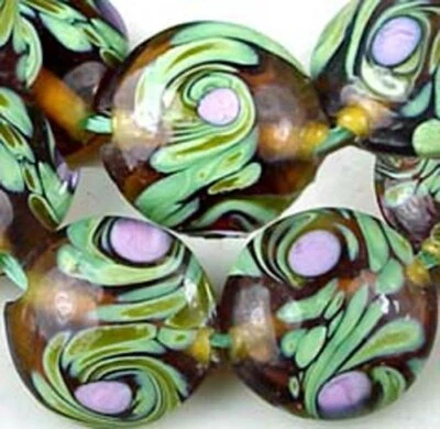 8 LAMPWORK Handmade Glass green purple Moonlight series Lentil - Amber 14mm - Image 1 of 2