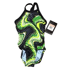 NWT Nike Size 20 Girls 5 One Piece Swimsuit Geometric Pattern Green Black White - Picture 1 of 2