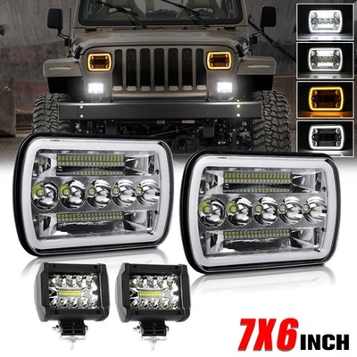 Fit  Jeep Cherokee XJ Wrangler YJ MJ  2PCS 7x6'' 5X7" LED Headlights DRL+4" Pods - Image 1 of 4