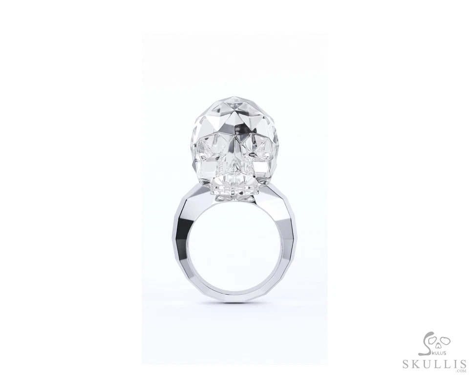 Anillo Calavera Gema de Cuarzo Facetado Cristal de Roca Tallado Calavera en Plata 925 Foto 1 de 3