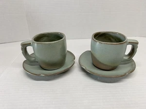 2 Frankoma Pottery Plainsman Woodland Moss 5C Flat Cup Coffee Mug And Saucer - Picture 1 of 6