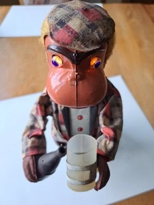 1950s Bartender Monkey Battery Mechanical Tin Toy Eyes Light Up Line Mar Japan - Picture 1 of 15