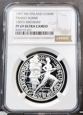 1997 FINLAND SILVER 100 MARKKA PAAVO NURMI NGC PF 69 ULTRA CAMEO RARE GEM PROOF - Image 1 of 3
