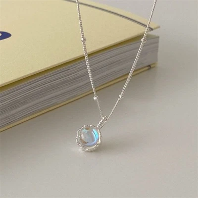 Round Moonstone Pendant Necklace Beaded Sterling Silver Station Chain Adjustable - Image 1 of 4
