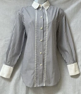 LAURA ASHLEY Vintage White Navy Striped Lace Cotton Fitted Shirt Blouse 12/10 - Picture 1 of 19
