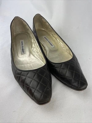 Manolo Blahnik Talla 39 Acolchado Cuero Marrón Estilo Giungla Plano Foto 1 de 4
