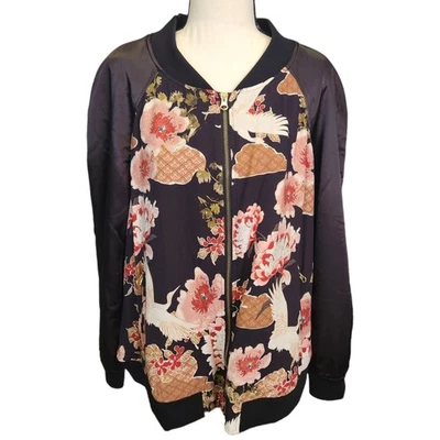 Monroe & Main Satin Floral Crane Bird Long Sleeve Bomber Jacket Plus Size 1X - Image 1 of 4
