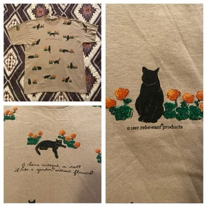 Vintage 1997 Rel-E-Vant T Shirt Cats & Flowers AOP Single Stitch Beige Adult XL - Picture 1 of 9