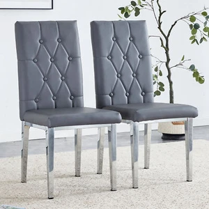 2Set PU Leather Dining Chairs Upholstered Kitchen Office Chairs Metal Legs Gray - Picture 1 of 12