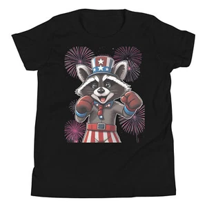 Patriotic Racoon Feral Funny Boxer Racoon 4th Of July USA Flag Youth T-Shirt - Picture 1 of 3