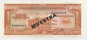 Dominican Republic 100 Pesos ND 1964-74 Pick 104.s UNC Uncirculated Bank MUESTRA - Picture 1 of 2